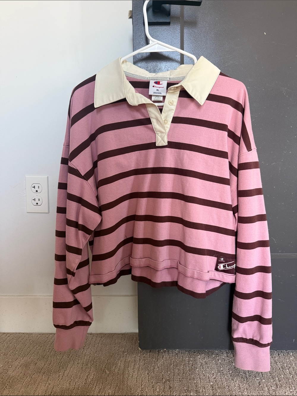 Champion Pink and Brown Striped Rugby Top with Cream Collar